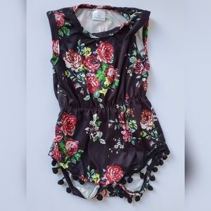 Black & Floral Baby Girls Pom Pom Romper | 6-12M